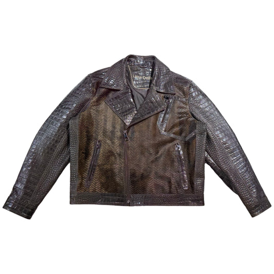 Kashani Brown Embossed Alligator & Cavallino Pony Hair Biker Jacket with Detachable Fox Fur Collar - Dudes Boutique