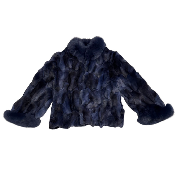 Kashani Ladies Navy Blue Fox Fur Diamond Cut Coat - Dudes Boutique