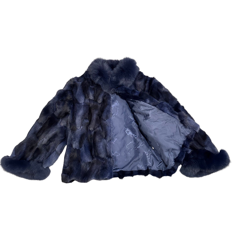Kashani Ladies Navy Blue Diamond Cut Fox Fur Coat - Dudes Boutique