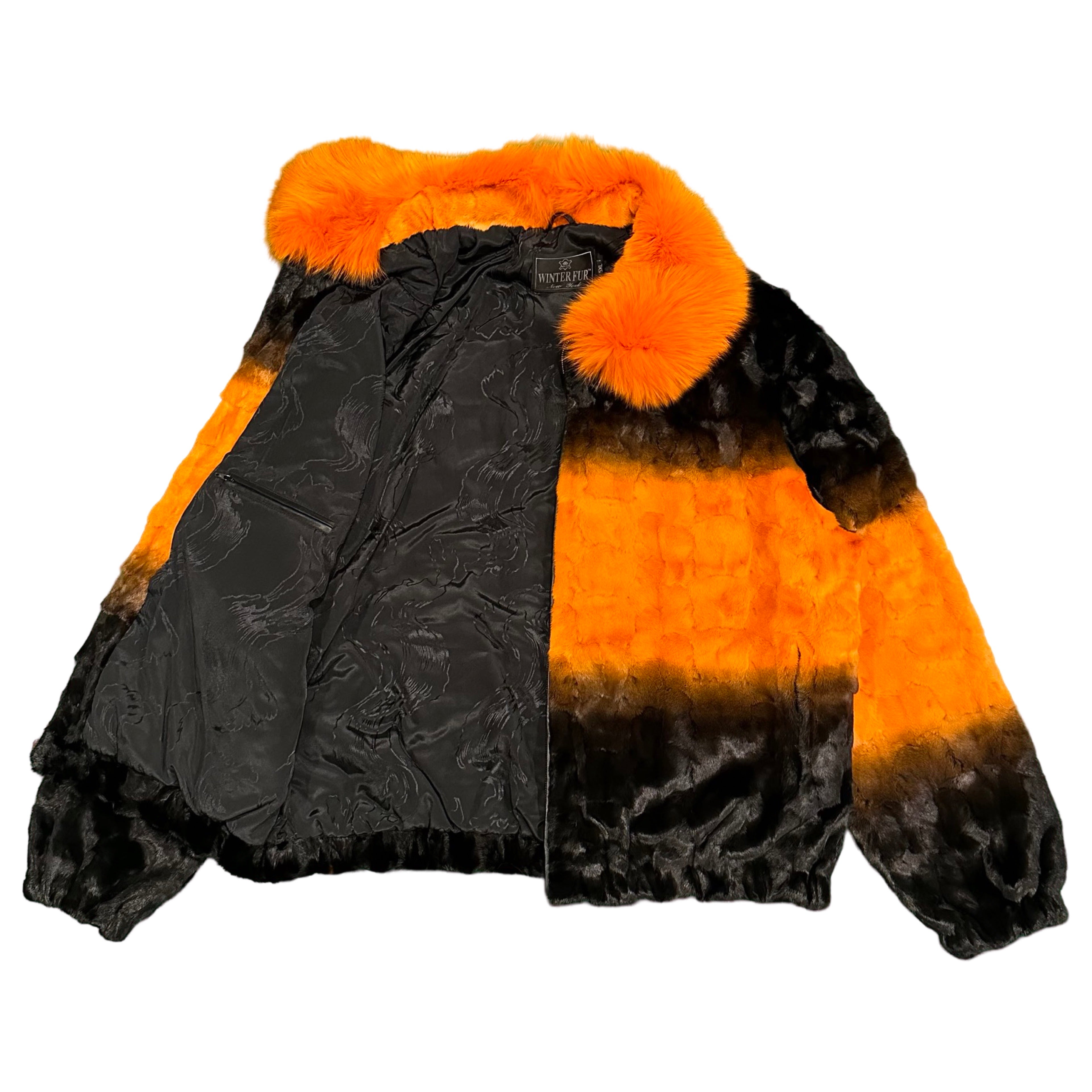Kashani Faded Black/Orange Diamond Cut Mink Fox Collar Fur Coat