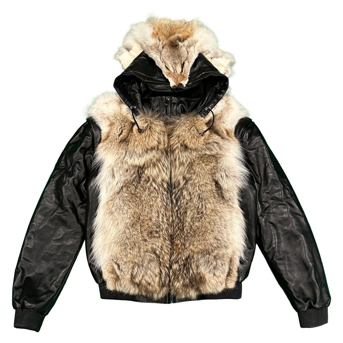 Kashani Coyote Head Fur Black Lambskin Leather Jacket - Dudes Boutique