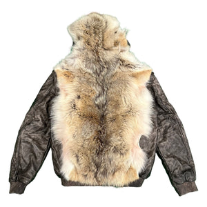 Kashani Coyote Head Fur Grey Distressed Leather Jacket w/ Detachable Sleeve - Dudes Boutique