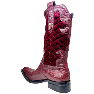 Mauri 42672/1 Ruby Red Quilted Velvet Hornback Crocodile / Ostrich Quill Boots - Dudes Boutique