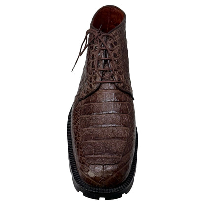 Los Altos Brown All-Over Crocodile Belly Lace Up Ankle Boots - Dudes Boutique