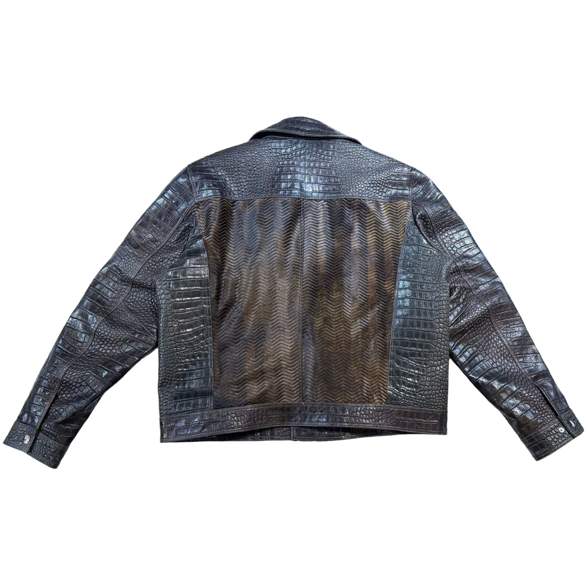 Kashani brown embossed alligator and cavallino pony hair biker jacket with fox fur collar