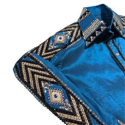 Kashani Ocean Blue Hyper Crystal Button-Up Zip Shirt - Dudes Boutique