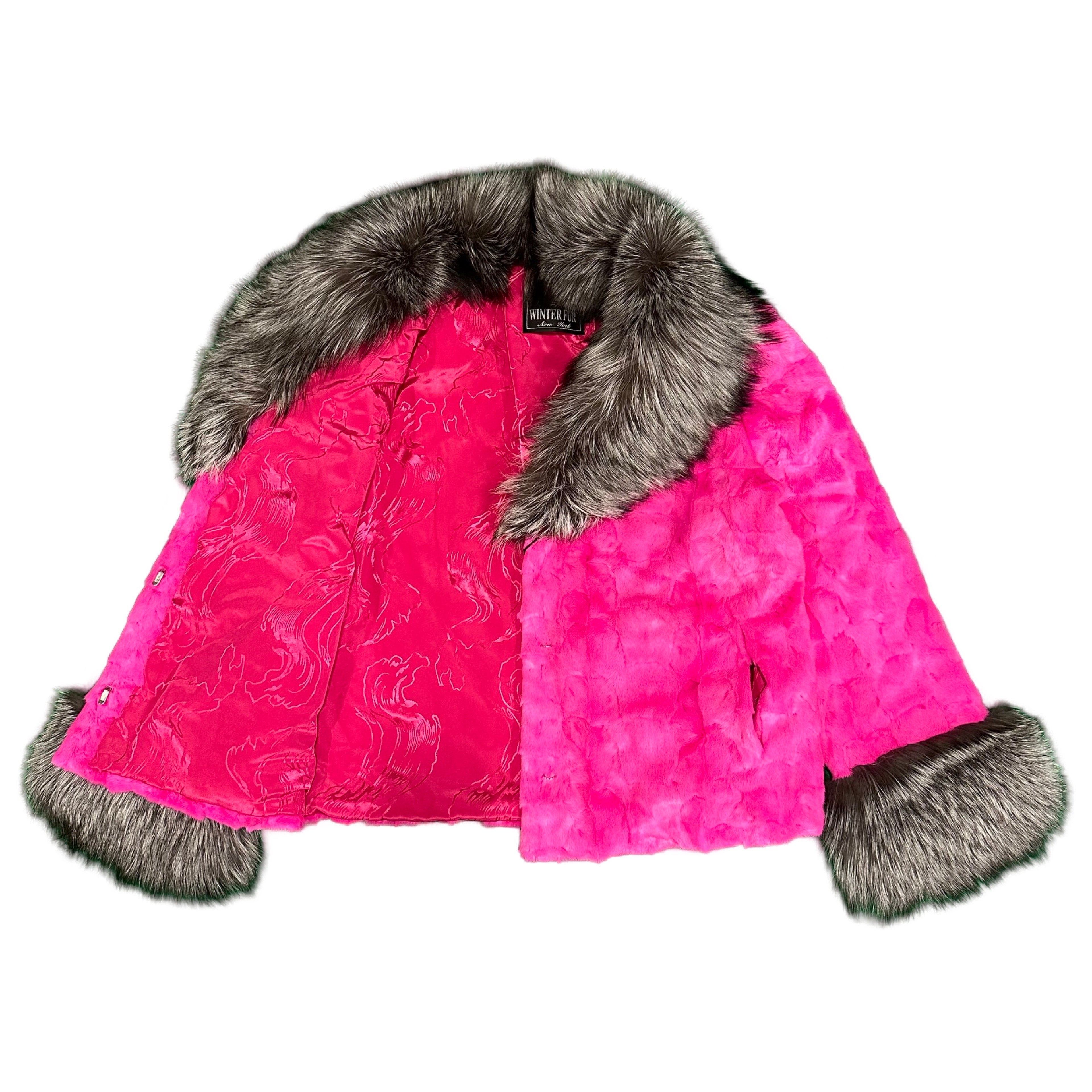 Kashani Women's Hot Pink Diamond Cut Mink Silver Fox Fur Jacket - Dudes Boutique