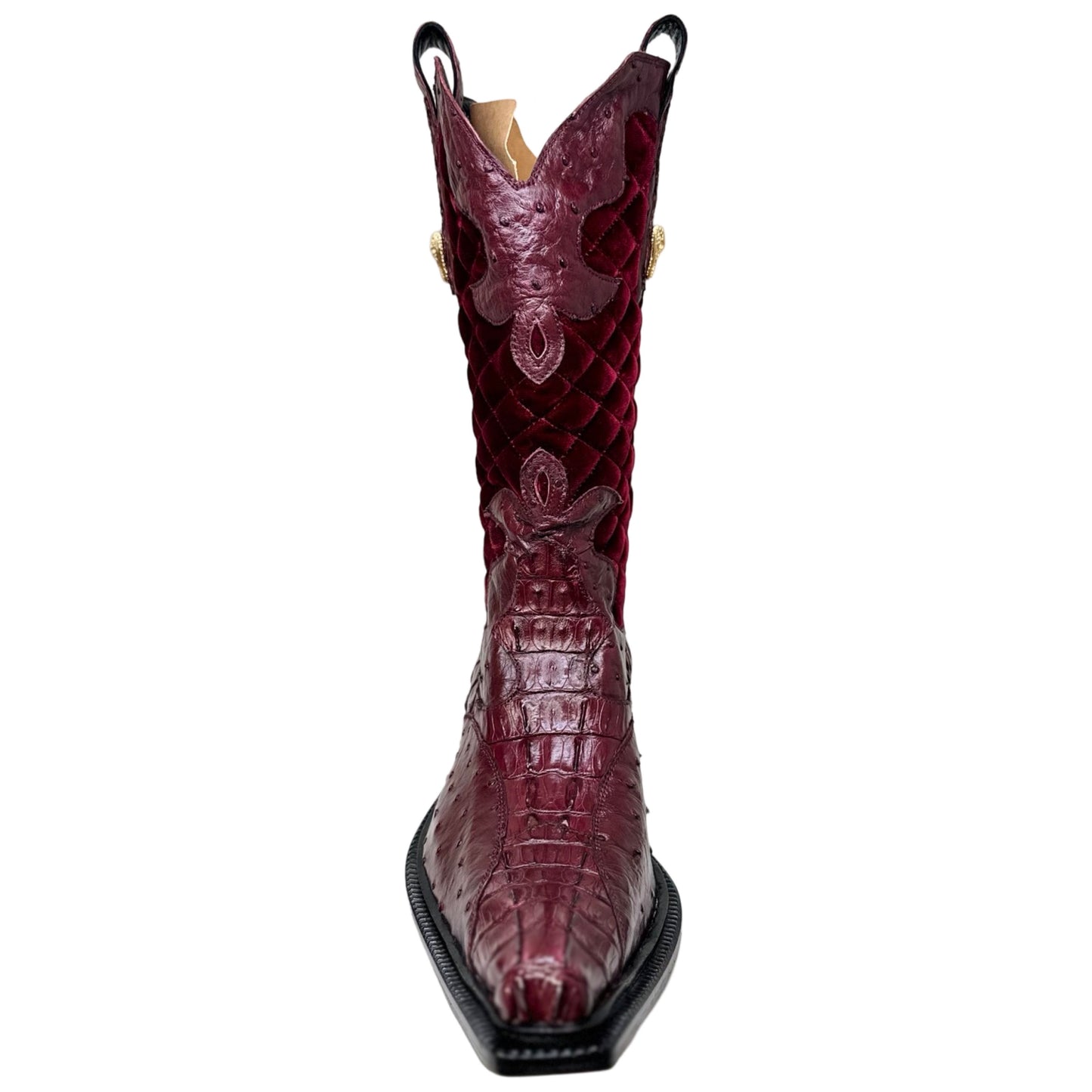 Mauri 42672/1 Ruby Red Quilted Velvet Hornback Crocodile / Ostrich Quill Cowboy Boots - Dudes Boutique