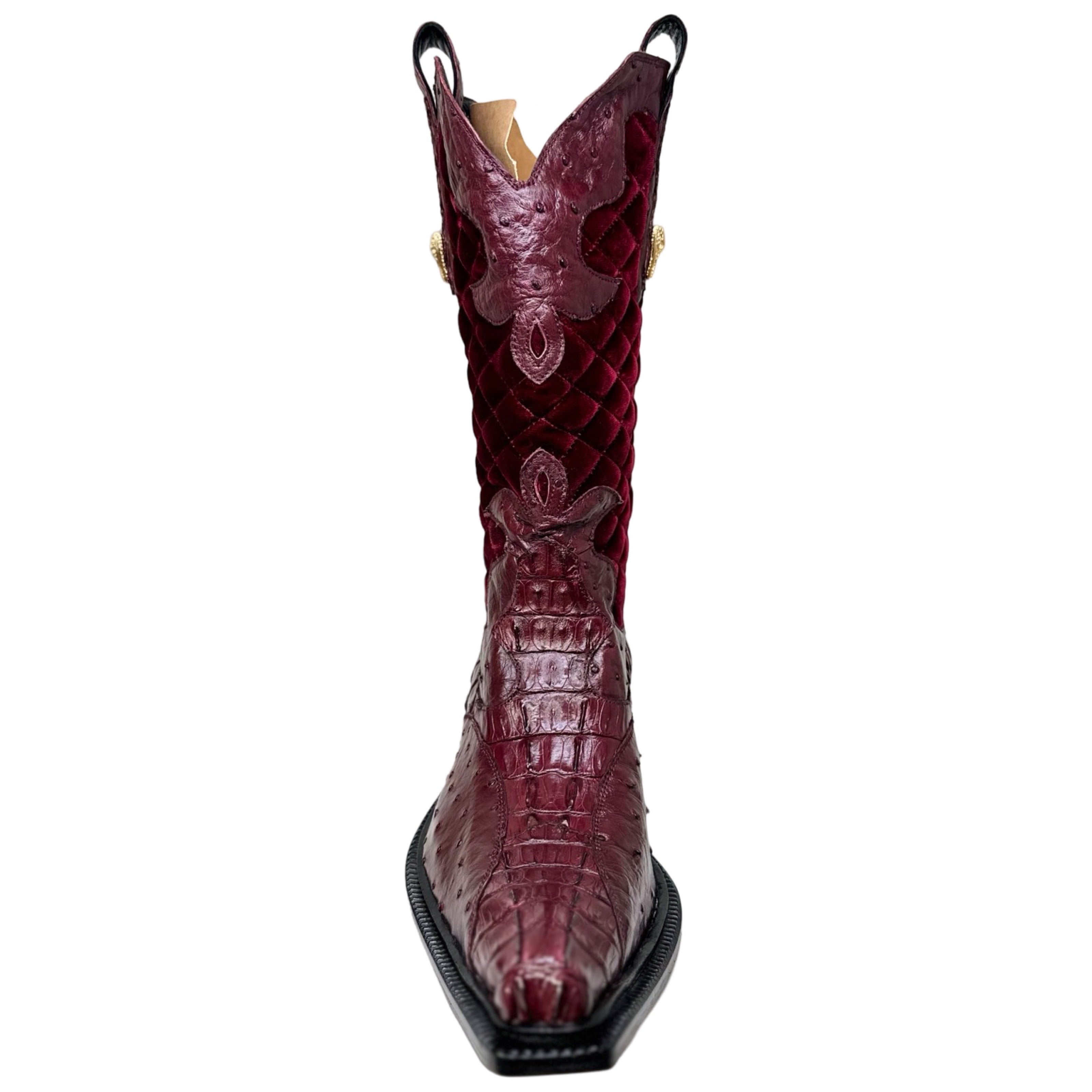 Mauri 42672/1 Ruby Red Quilted Velvet Hornback Crocodile / Ostrich Quill Boots - Dudes Boutique