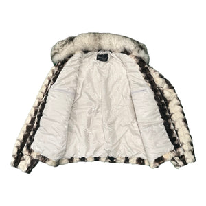 Kashani Cross White/Brown Diamond Cut Mink Fox Collar Fur Coat - Dudes Boutique