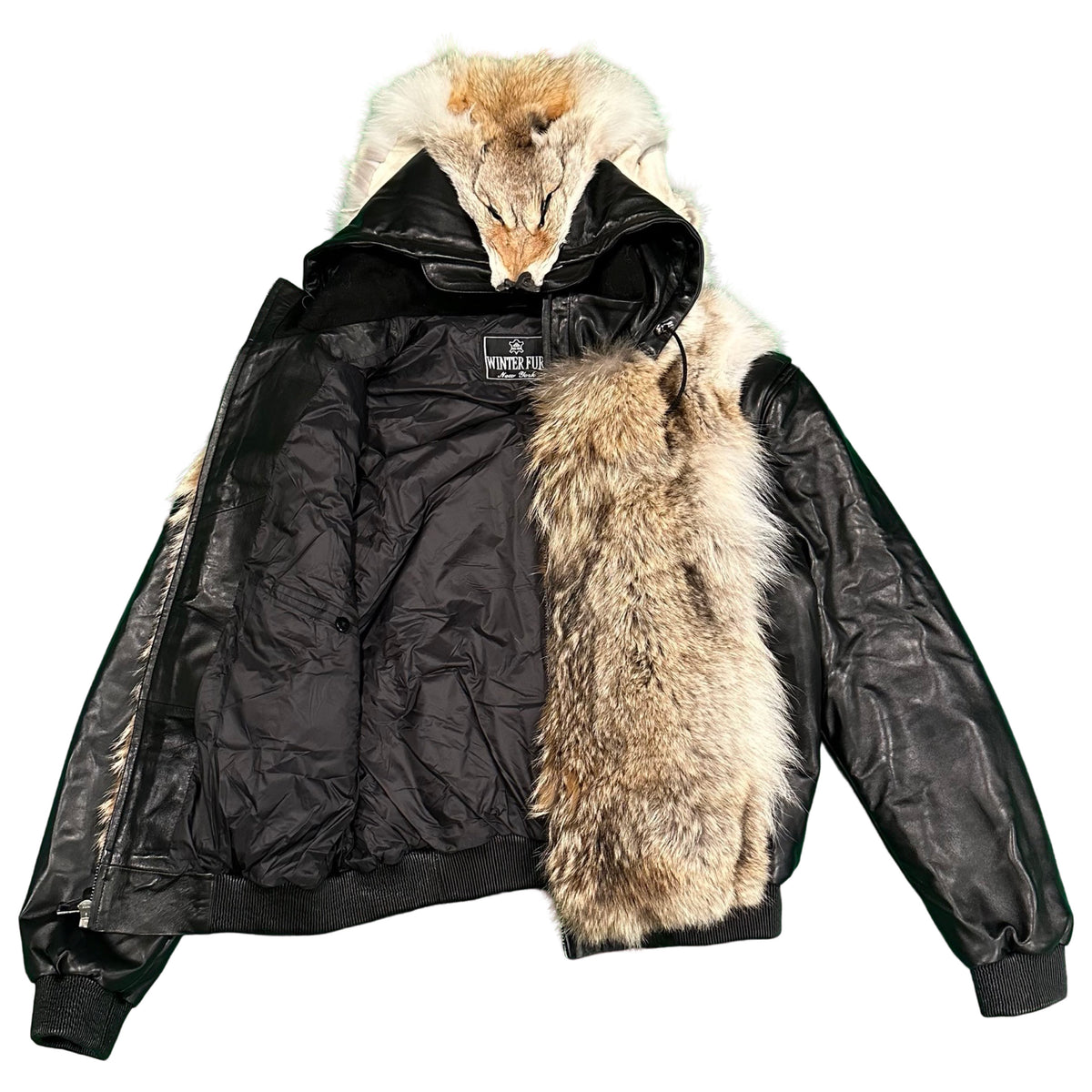 Kashani Coyote Head Fur Black Lambskin Leather Jacket - Dudes Boutique