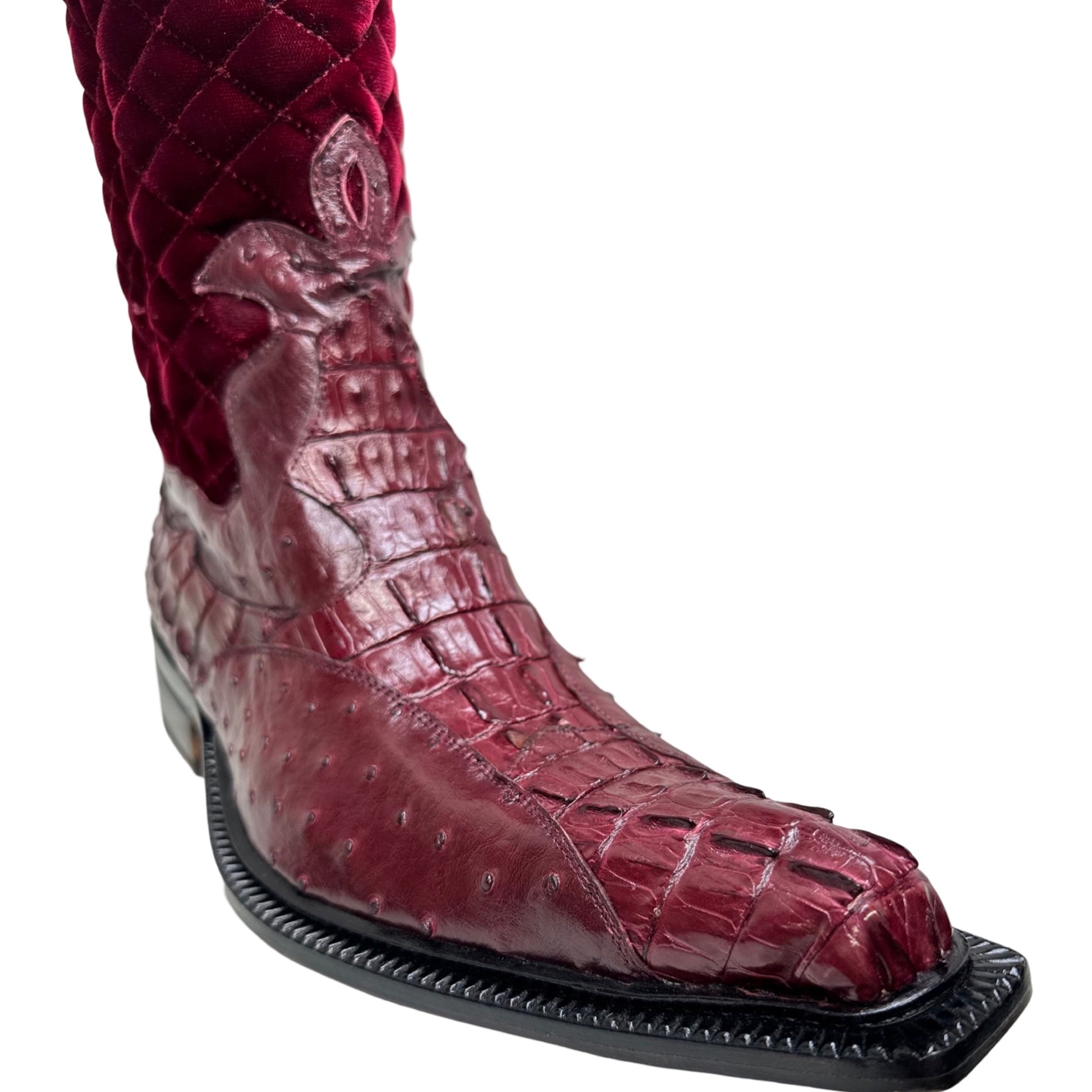 Mauri 42672/1 Ruby Red Quilted Velvet Hornback Crocodile / Ostrich Quill Cowboy Boots - Dudes Boutique
