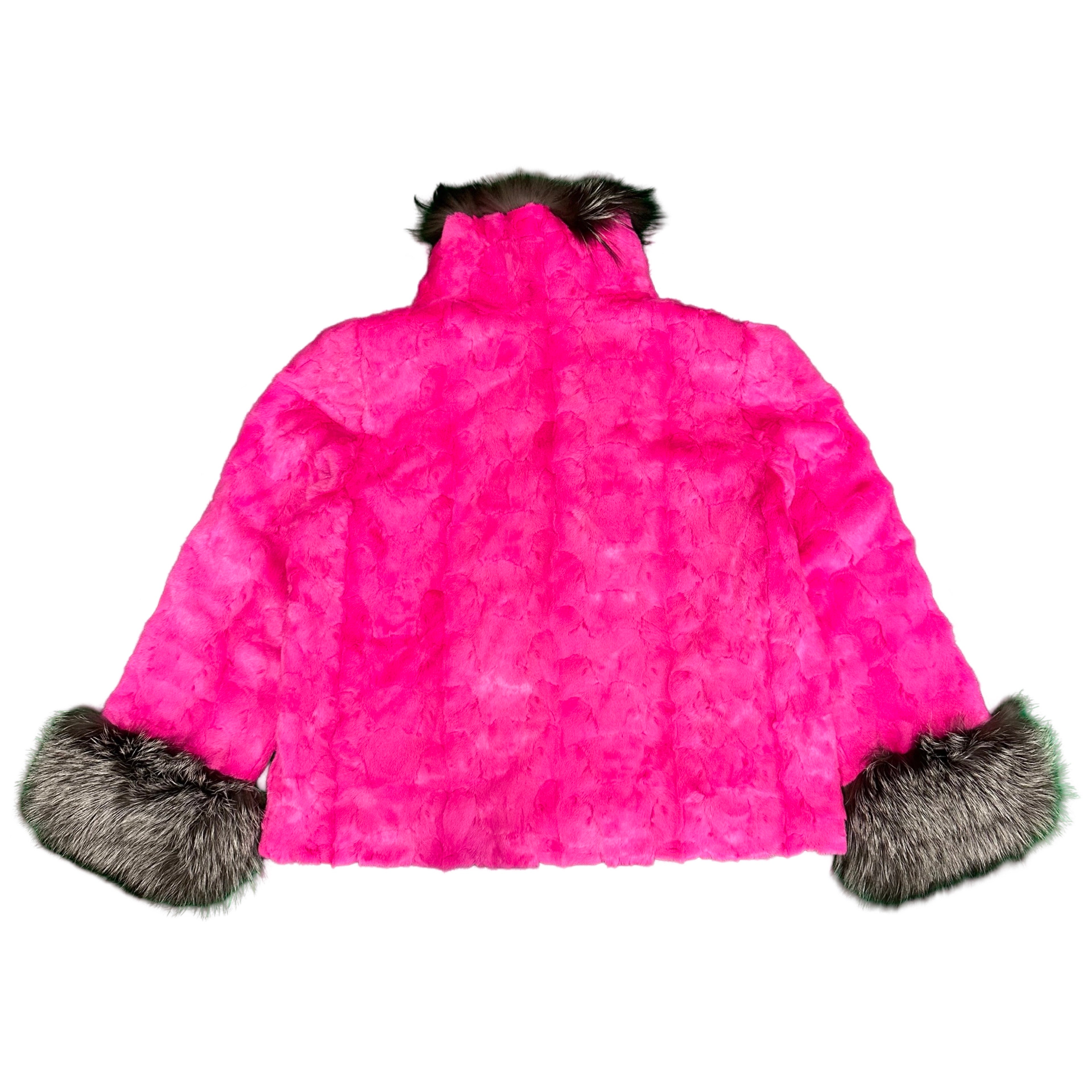 Kashani Women's Hot Pink Diamond Cut Mink Silver Fox Fur Jacket
