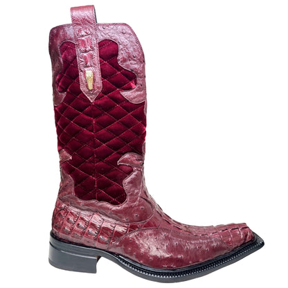 Mauri 42672/1 Ruby Red Quilted Velvet Hornback Crocodile / Ostrich Quill Cowboy Boots - Dudes Boutique