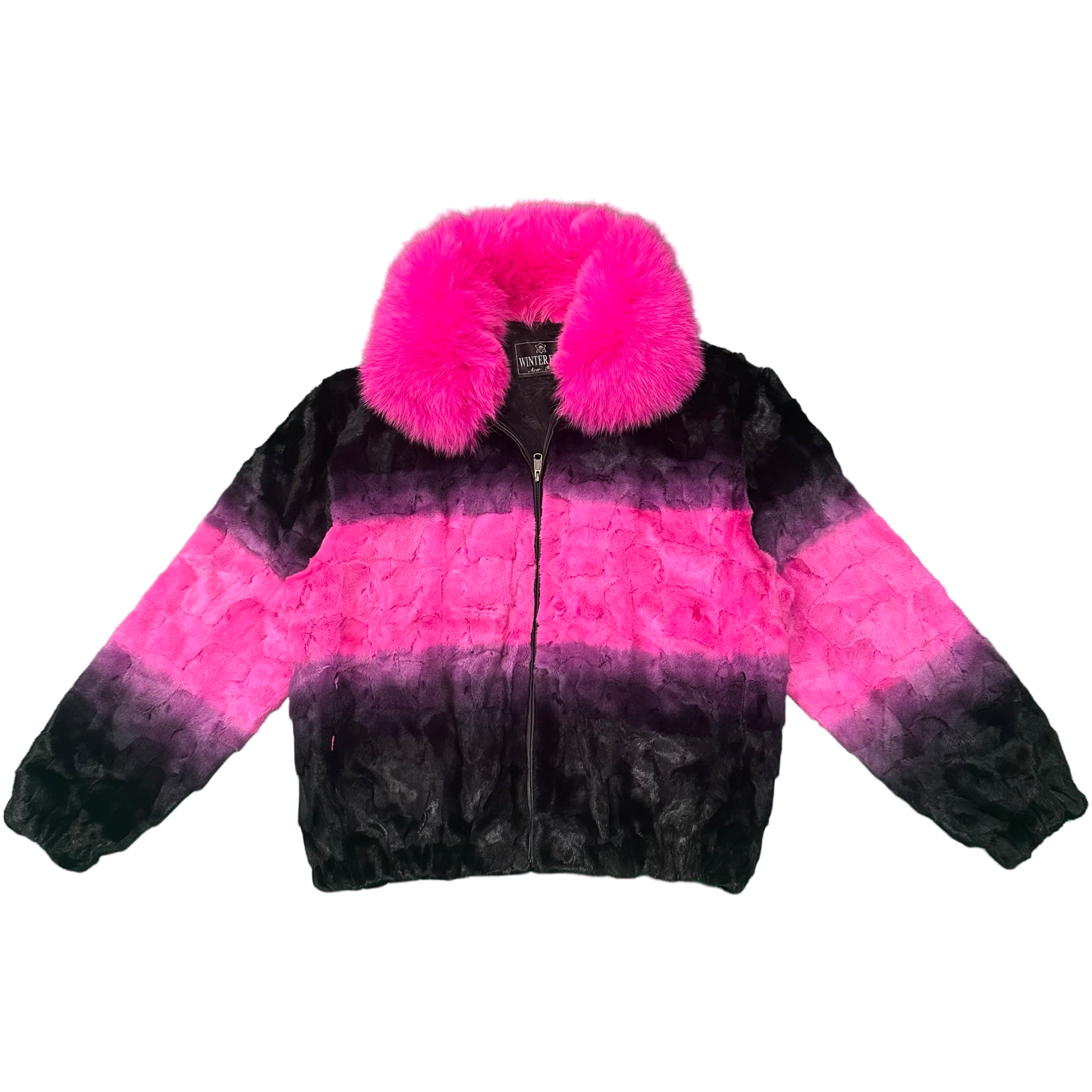 Kashani Faded Black/Pink Diamond Cut Mink Fox Collar Fur Coat - Dudes Boutique