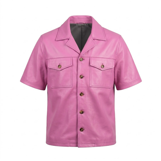 Kashani Pink Lambskin Leather Cuban Collar Shirt