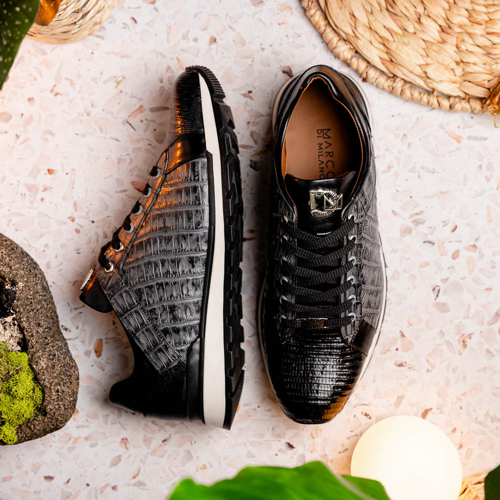 Marco Di Milano Portici Grey/Black Caiman Crocodile & Lizard Sneakers - Dudes Boutique