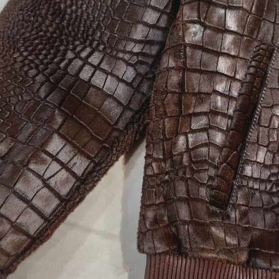 Kashani Chocolate Brown Pony Hair Alligator Print Bomber Jacket - Dudes Boutique