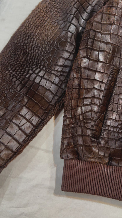 Kashani Chocolate Brown Pony Hair Alligator Print Bomber Jacket - Dudes Boutique