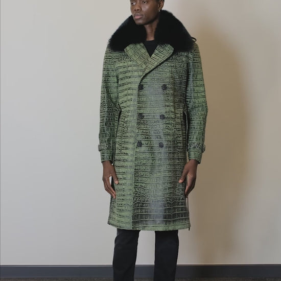 Kashani Green Embossed Alligator Trench Coat with Detachable Fox Fur Collar - Dudes Boutique