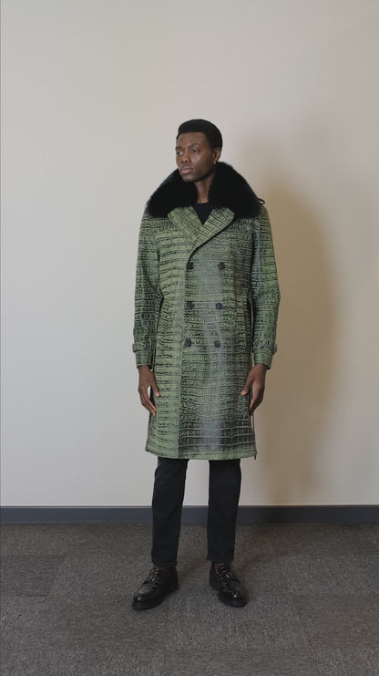 Kashani Green Embossed Alligator Trench Coat with Detachable Fox Fur Collar - Dudes Boutique