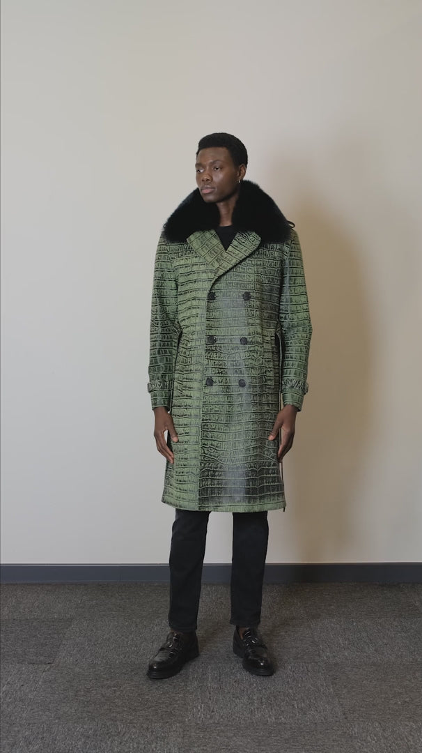 Kashani Green Embossed Alligator Trench Coat with Detachable Fox Fur Collar - Dudes Boutique
