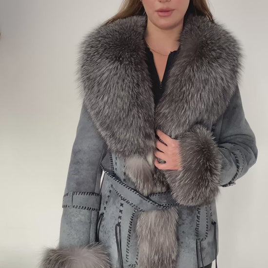 Kashani Grey Distressed Leather Jacket with Fox Fur Collar & Cuffs - Dudes Boutique
