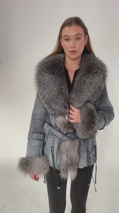 Kashani Grey Distressed Leather Jacket with Fox Fur Collar & Cuffs - Dudes Boutique