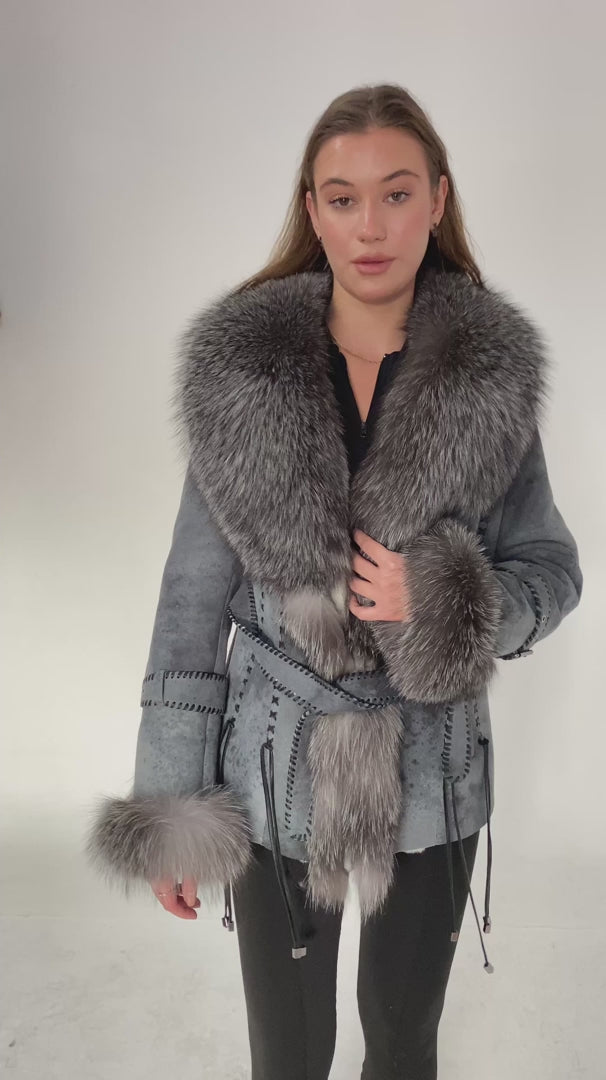 Kashani Grey Distressed Leather Jacket with Fox Fur Collar & Cuffs - Dudes Boutique
