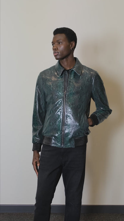 Kashani Men's Green Genuine Python Leather Bomber Jacket - Dudes Boutique