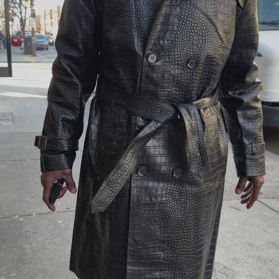 Kashani Black Embossed Alligator Lambskin Leather Trench Coat - Dudes Boutique