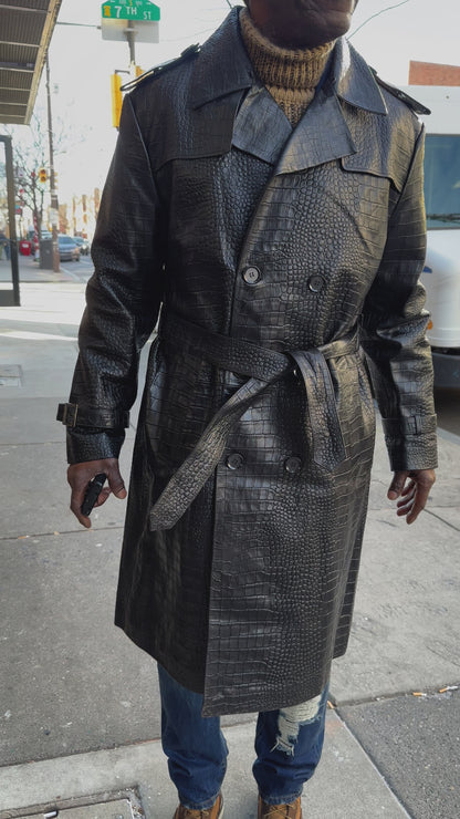 Kashani Black Embossed Alligator Lambskin Leather Trench Coat - Dudes Boutique