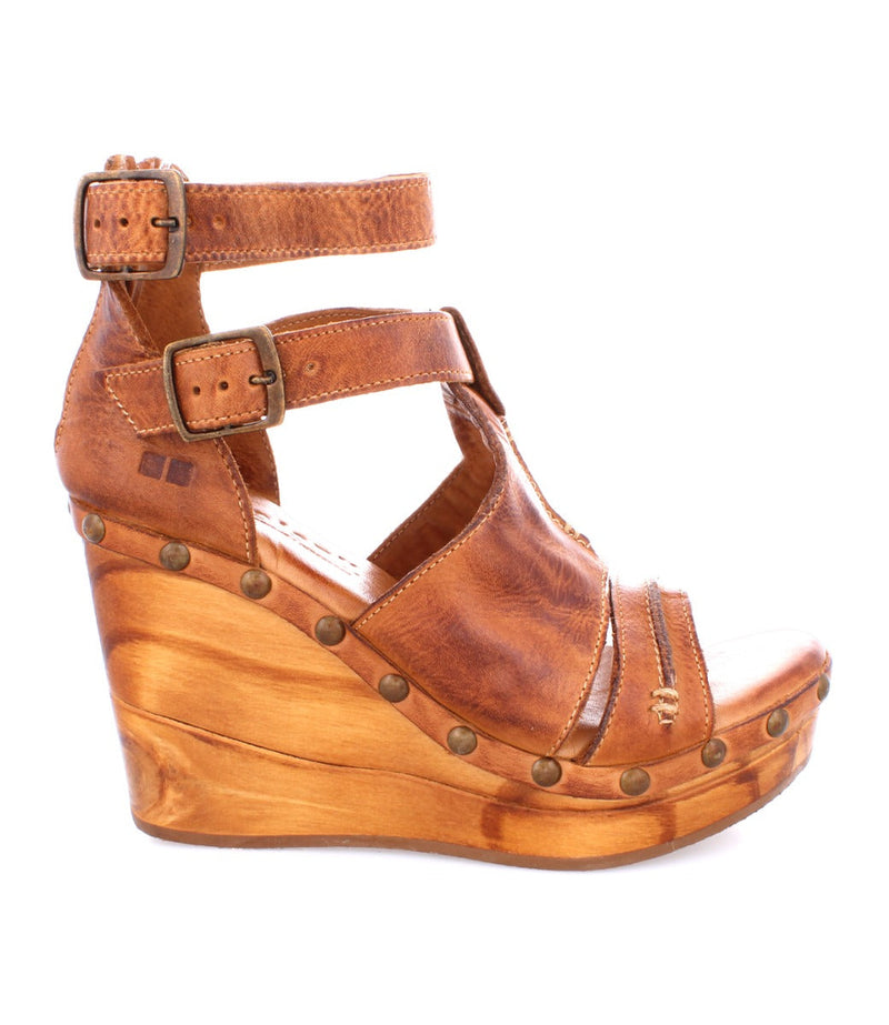 Bedstu Women's 'Princess' Pecan Leather Wooden Wedge Heels - Dudes Boutique