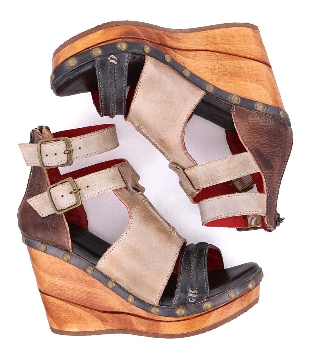 Bedstu Women's 'Princess' Rustic Leather Wooden Wedge Heels - Dudes Boutique