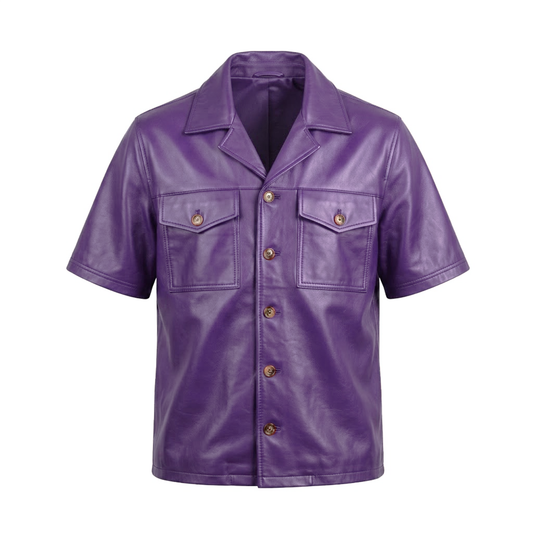Kashani Purple Lambskin Leather Cuban Collar Shirt