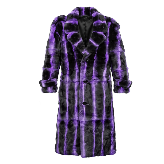 Kashani Men's Purple Full Length Rex Rabbit Trench Fur Coat