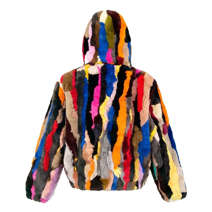 Kashani Men's Multi Color Rabbit Fur Coat w/ Detachable Hood