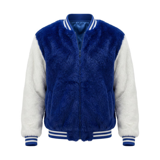 Kashani Men's White/Royal Blue Rabbit Fur Bomber Jacket