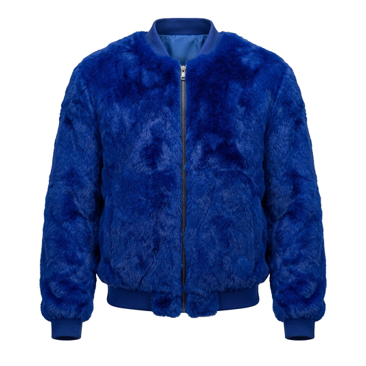 Kashani Men's Royal Blue Rabbit Fur Bomber Jacket