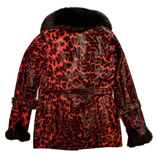 Kashani Women's Red Leopard Pony Hair Short Trench Jacket