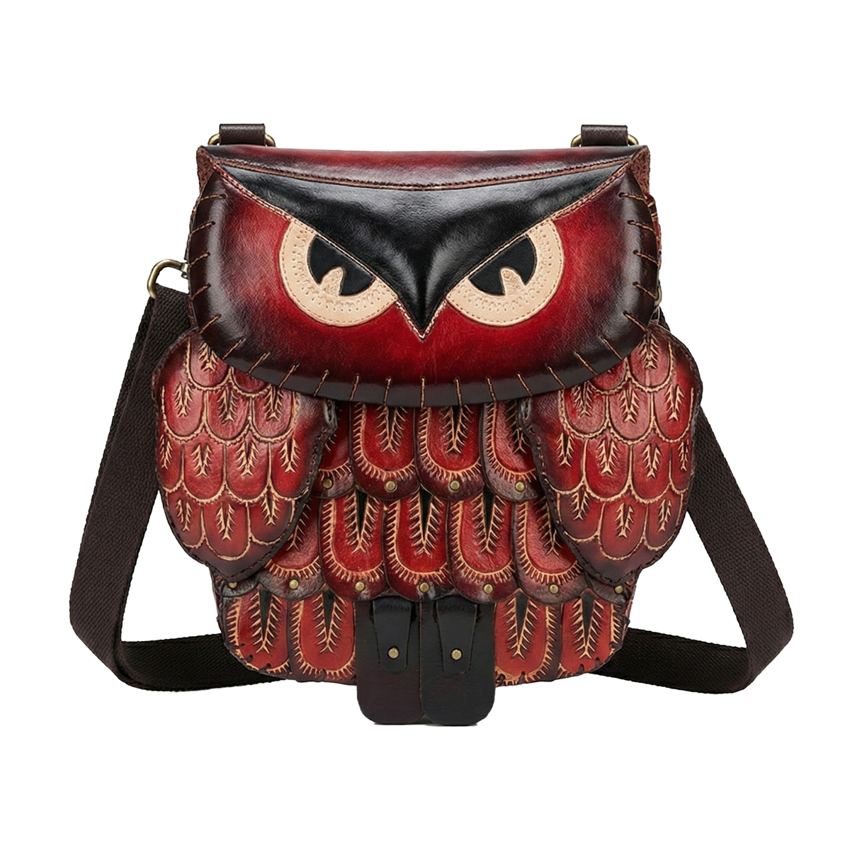 Kashani handcrafted red leather owl crossbody bag