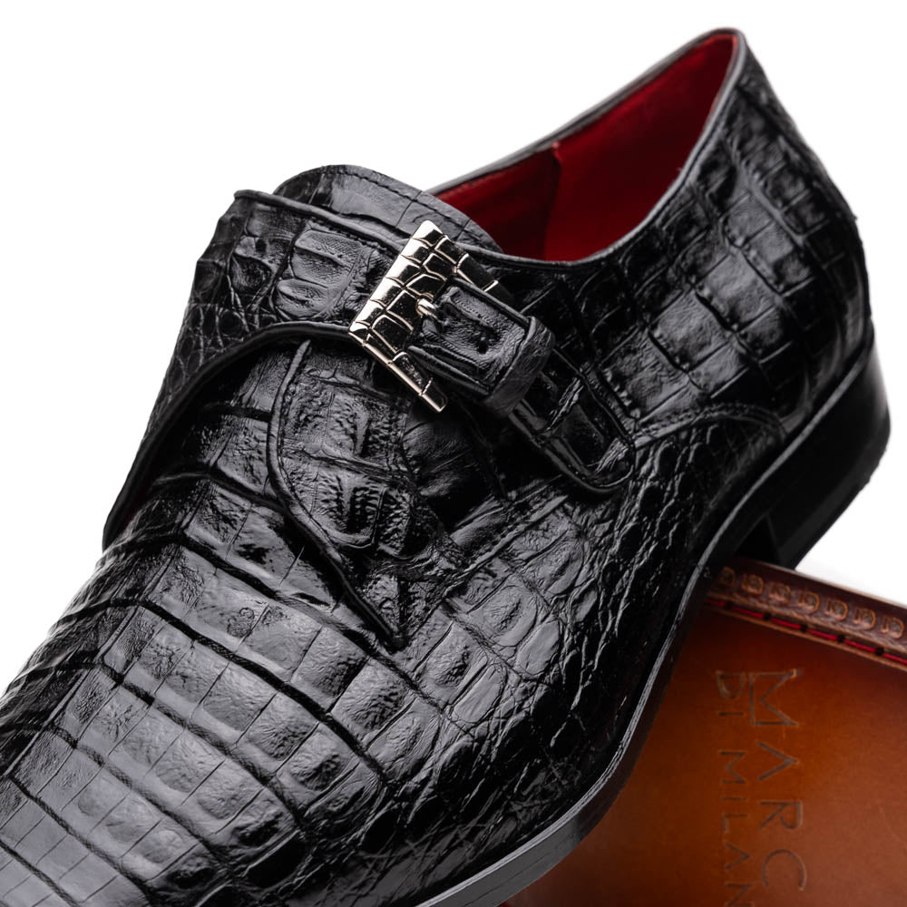 Marco Di Milano Rovigo Black Caiman Crocodile Monk Strap Dress Shoes - Dudes Boutique