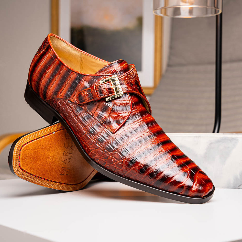 Marco Di Milano Rovigo Cognac Caiman Crocodile Monk Strap Dress Shoes - Dudes Boutique
