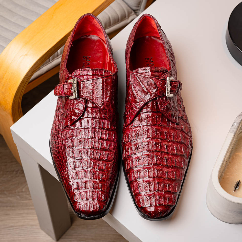 Marco Di Milano Luigi Wine Caiman Crocodile Monk Strap Dress Shoes - Dudes Boutique