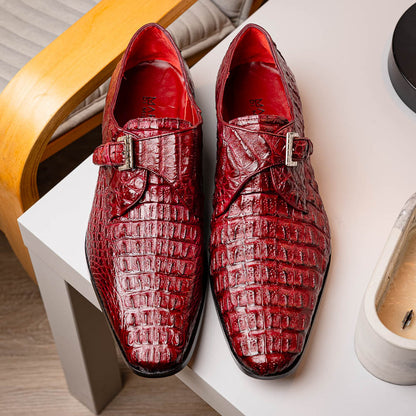 Marco Di Milano Luigi Wine Caiman Crocodile Monk Strap Dress Shoes - Dudes Boutique