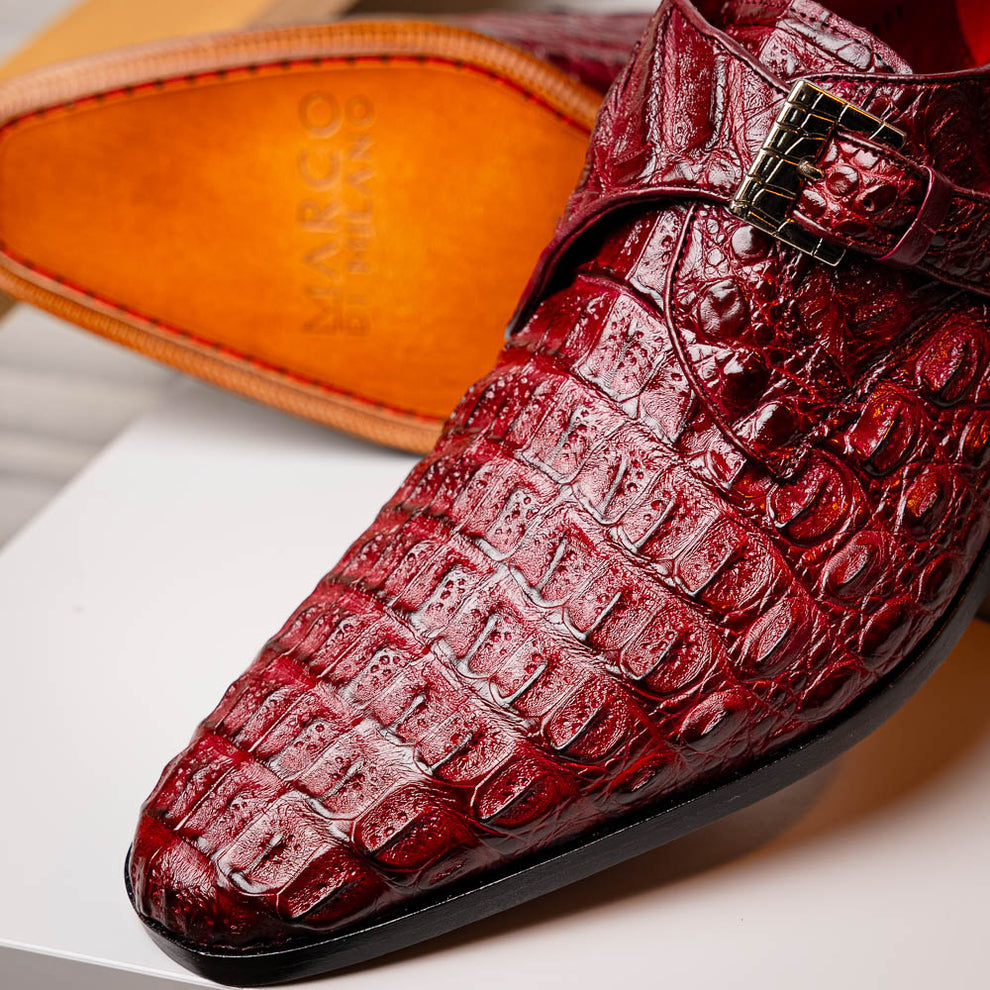 Marco Di Milano Luigi Wine Caiman Crocodile Monk Strap Dress Shoes - Dudes Boutique