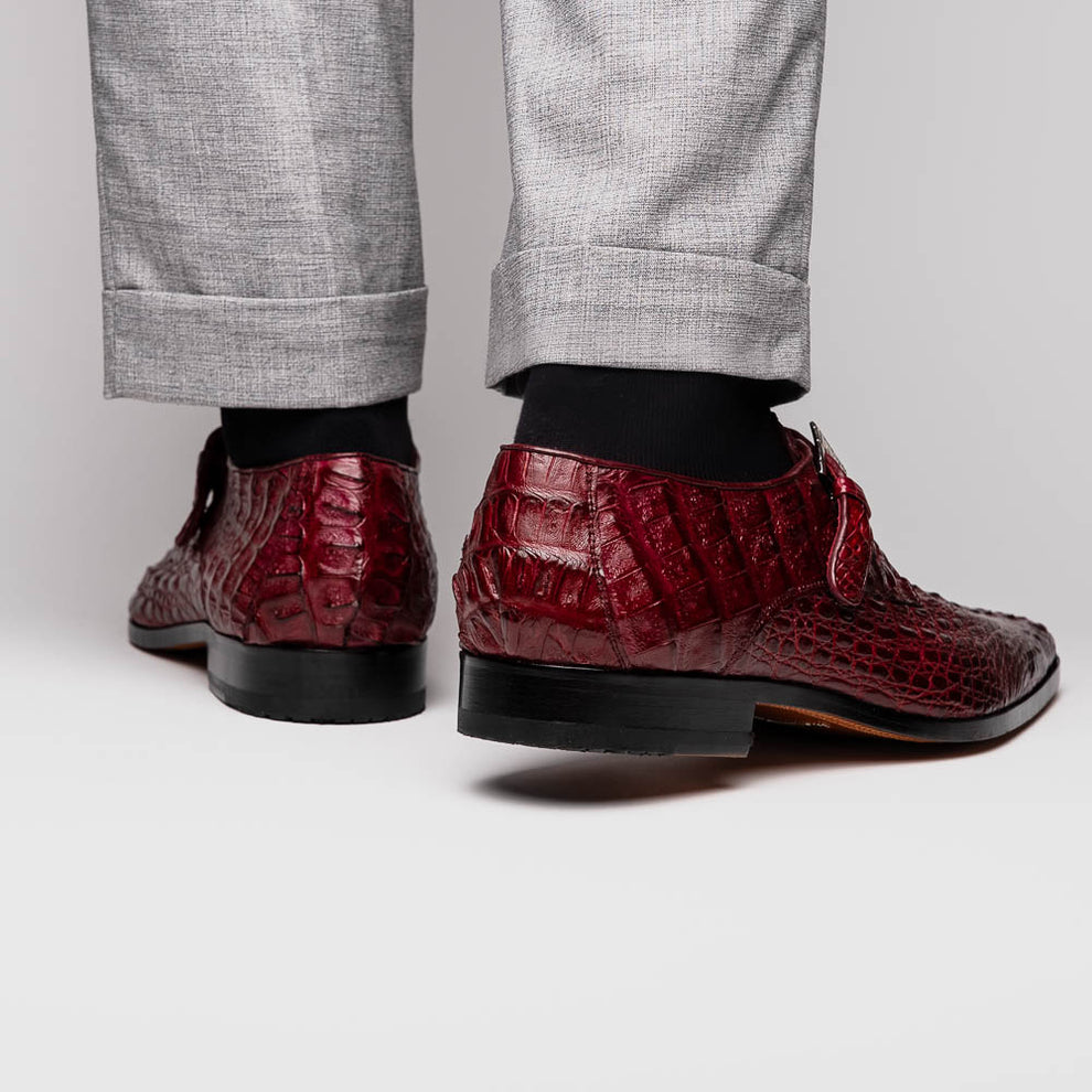 Marco Di Milano Luigi Wine Caiman Crocodile Monk Strap Dress Shoes - Dudes Boutique