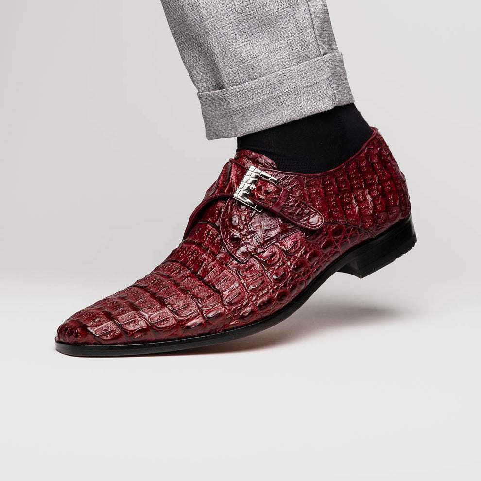Marco Di Milano Luigi Wine Caiman Crocodile Monk Strap Dress Shoes - Dudes Boutique