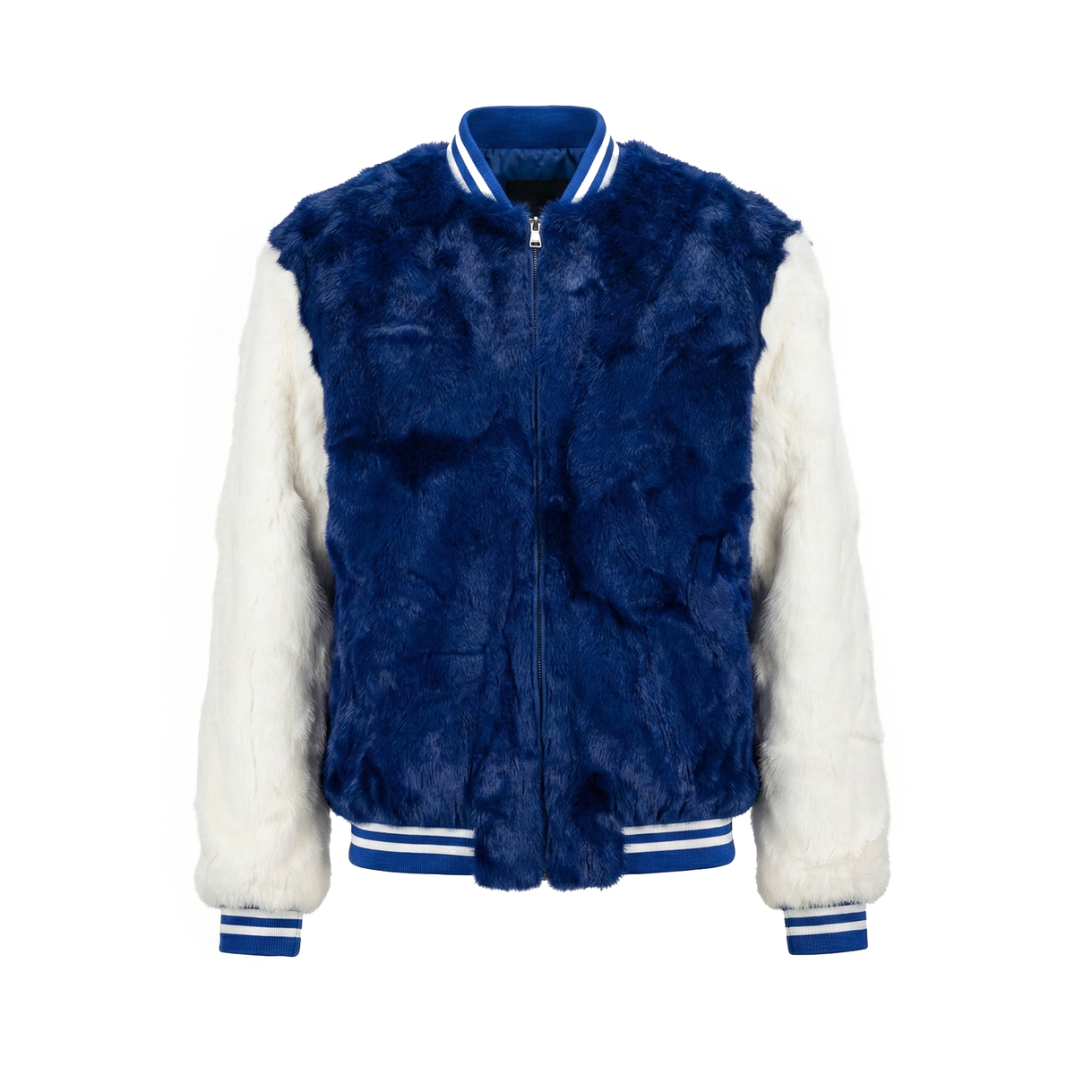 Kashani men's royal blue and white rabbit fur baseball jacket