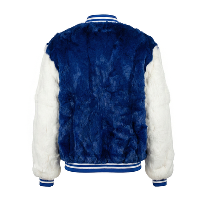 Kashani men's royal blue and white rabbit fur baseball jacket